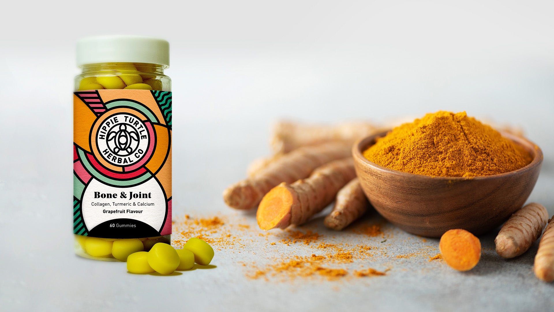 Hippie Turtle Herbal Co Bone & Joint gummies containing turmeric to help reduce joint pain