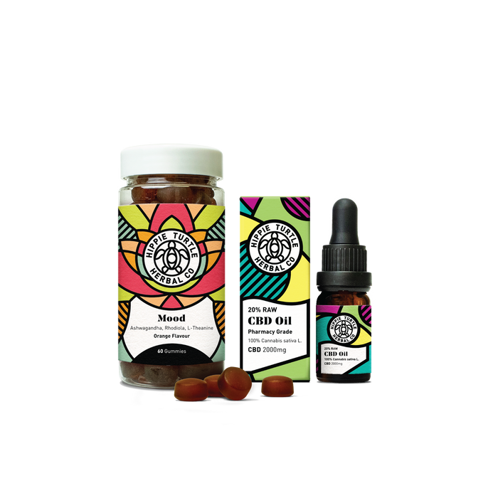 Mood support bundle containing Hippie Turtle Herbal Co premium CBD oil for stress and anxiety, Mood support gummies and vitality mood and immune support natural supplement powder