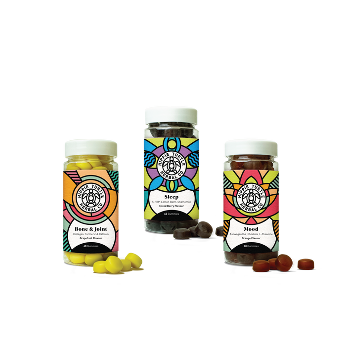 Sleep gummies with 5-HTP, mood gummies with ashwagandha and l-theanine, bone and joint gummies with marine collagen and vitamin d3