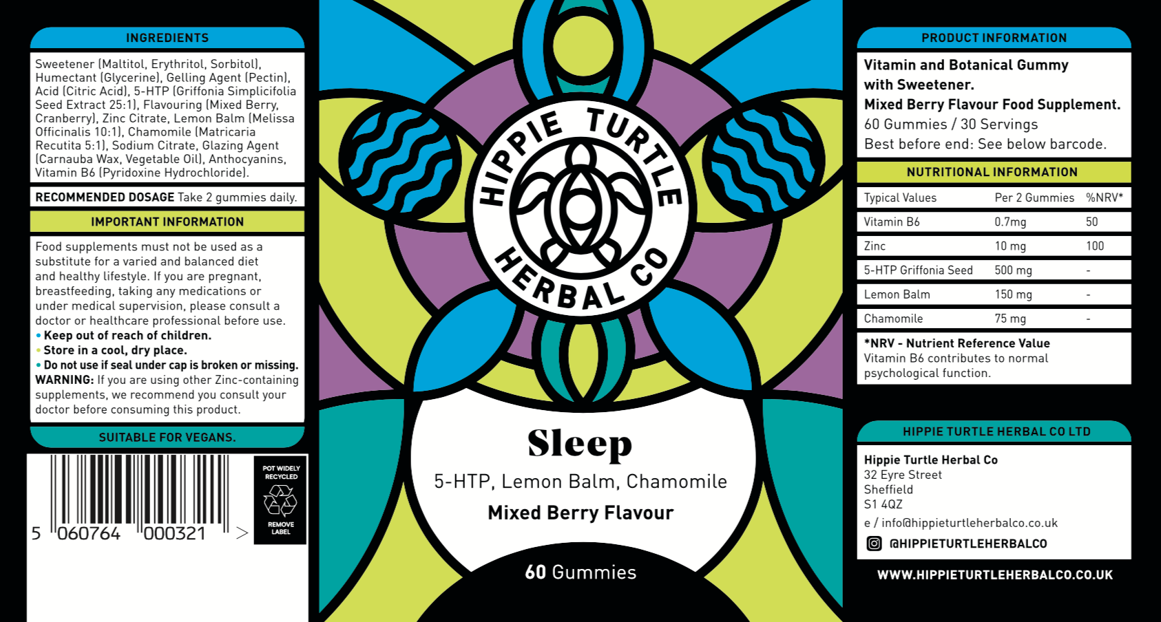 Hippie Turtle Herbal Co Chewable sleep supplement gummies containing 5 HTP, Lemon Balm, Chamomile, b vitamins and zinc