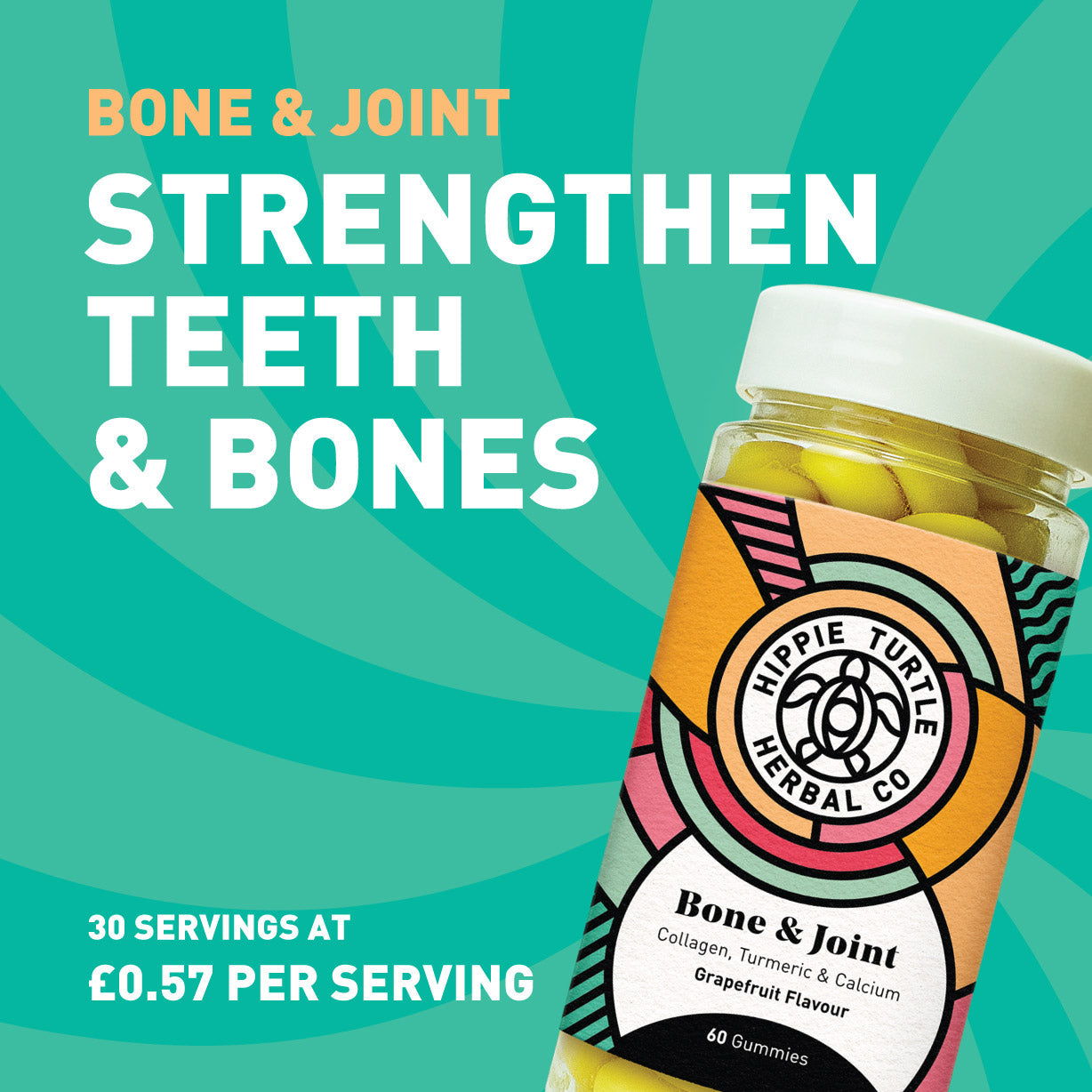 Chewable supplement gummies for healthy bones and teeth. Containing calcium, vitamin D, vitamin e, turmeric and marine collagen