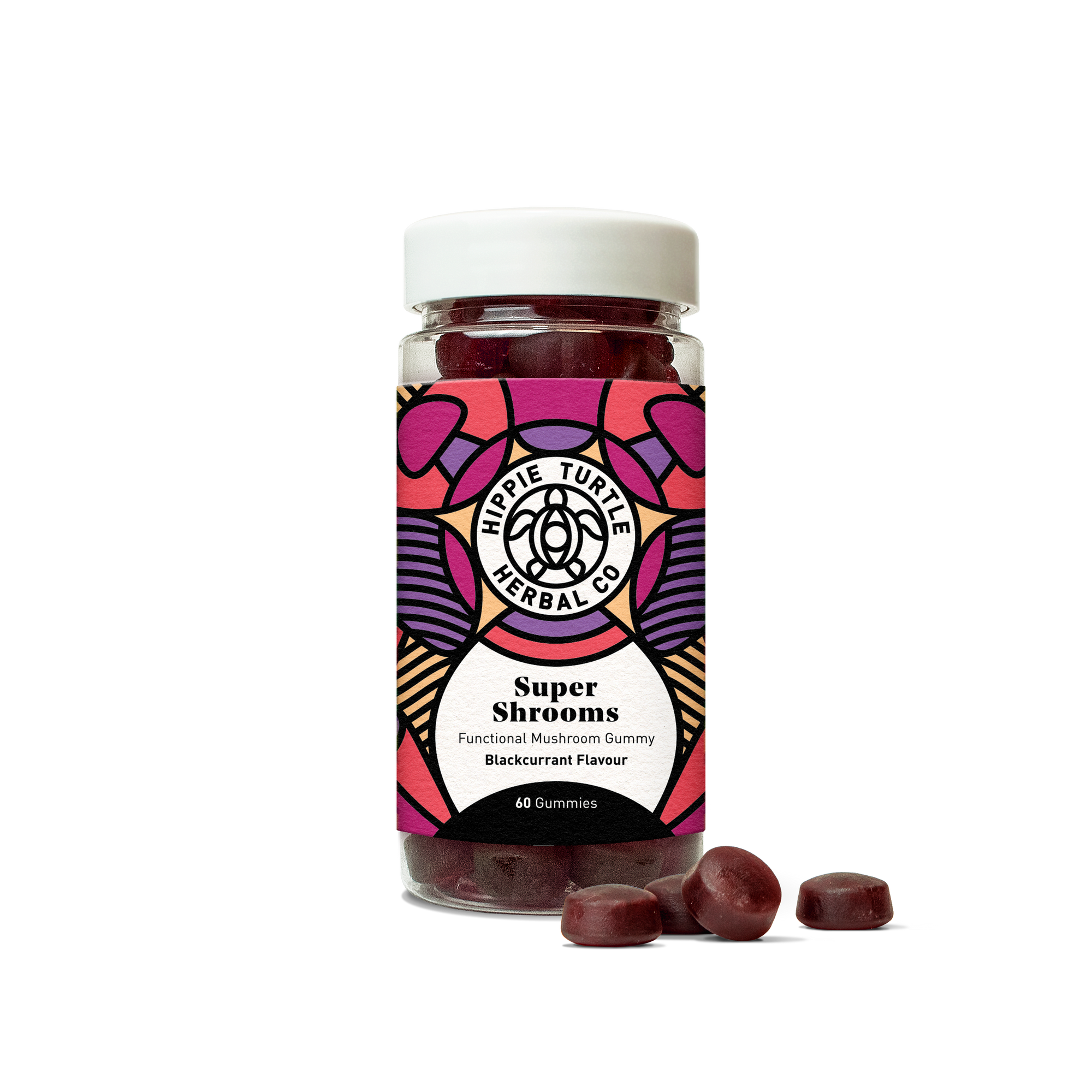 Super Shrooms gummies, chewable functional mushroom gummies with ginseng, iodine and vitamin B5 for energy, mood and focus