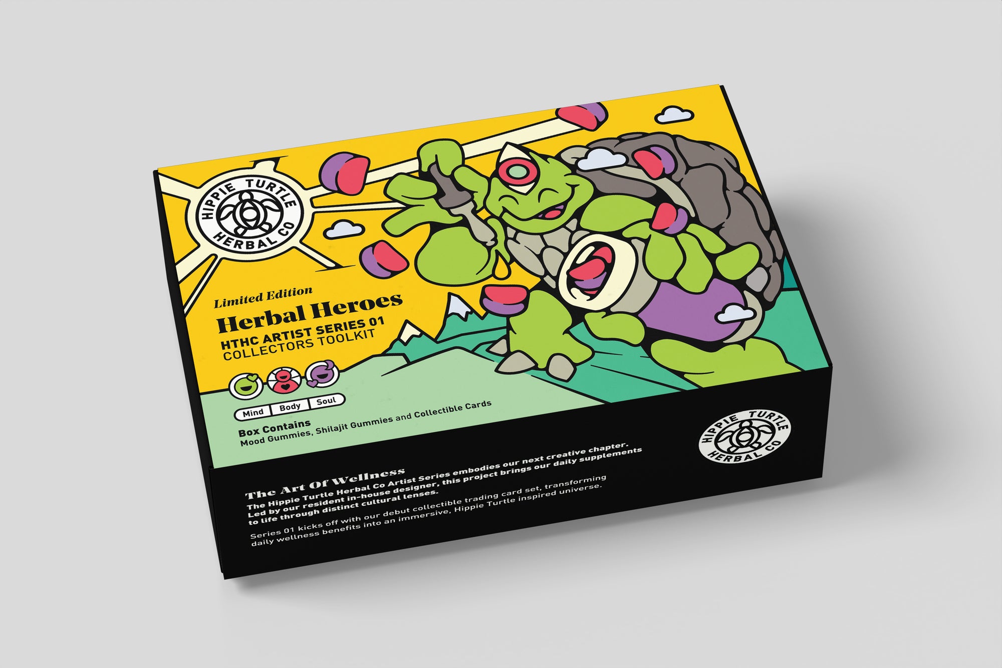 Artist Series 01 Collectors Toolkit Outer Box. Limited edition box containing Mood gummies with ashwagandha and rhodiola root. Also contains Shilajit gummies for focus and vitality.