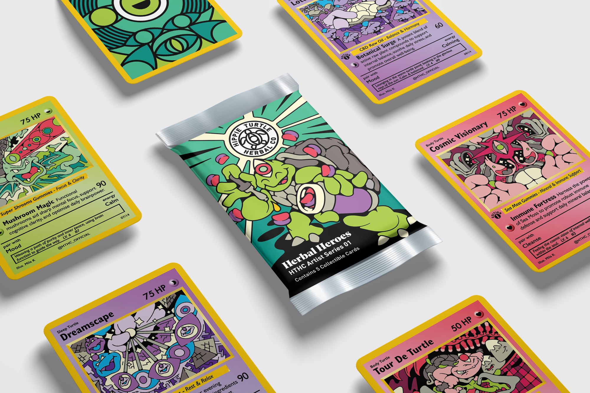 Herbal Heroes TCG Booster Pack with several Herbal Heroes collectable cards. Included in the HTHC Artist Series 01: Collectors Toolkit ,which also contains ashwagandha gummies and shilajit gummies.