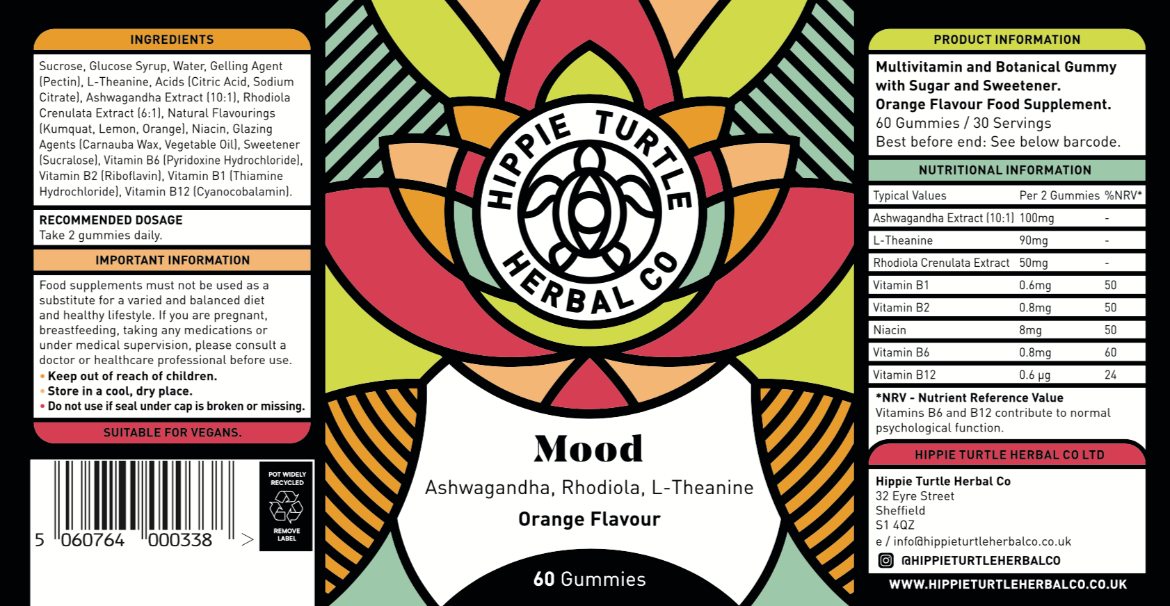 Hippie Turtle Herbal Co Mood gummies containing Ashwagandha, rhodiola, l theanine and b vitamins in great tasting supplement gummies for stress