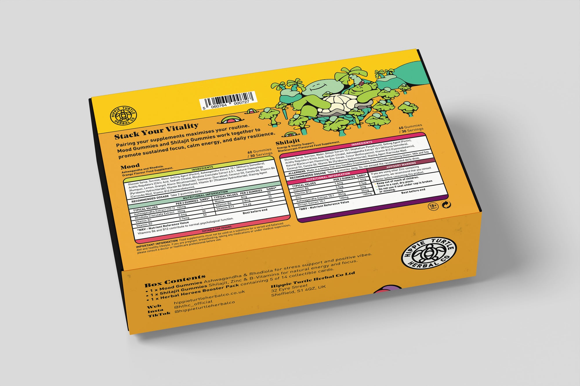 Artist Series 01 Collectors Toolkit Outer Box back image. Limited edition box containing Mood gummies with ashwagandha and rhodiola root. Also contains Shilajit gummies for focus and vitality.