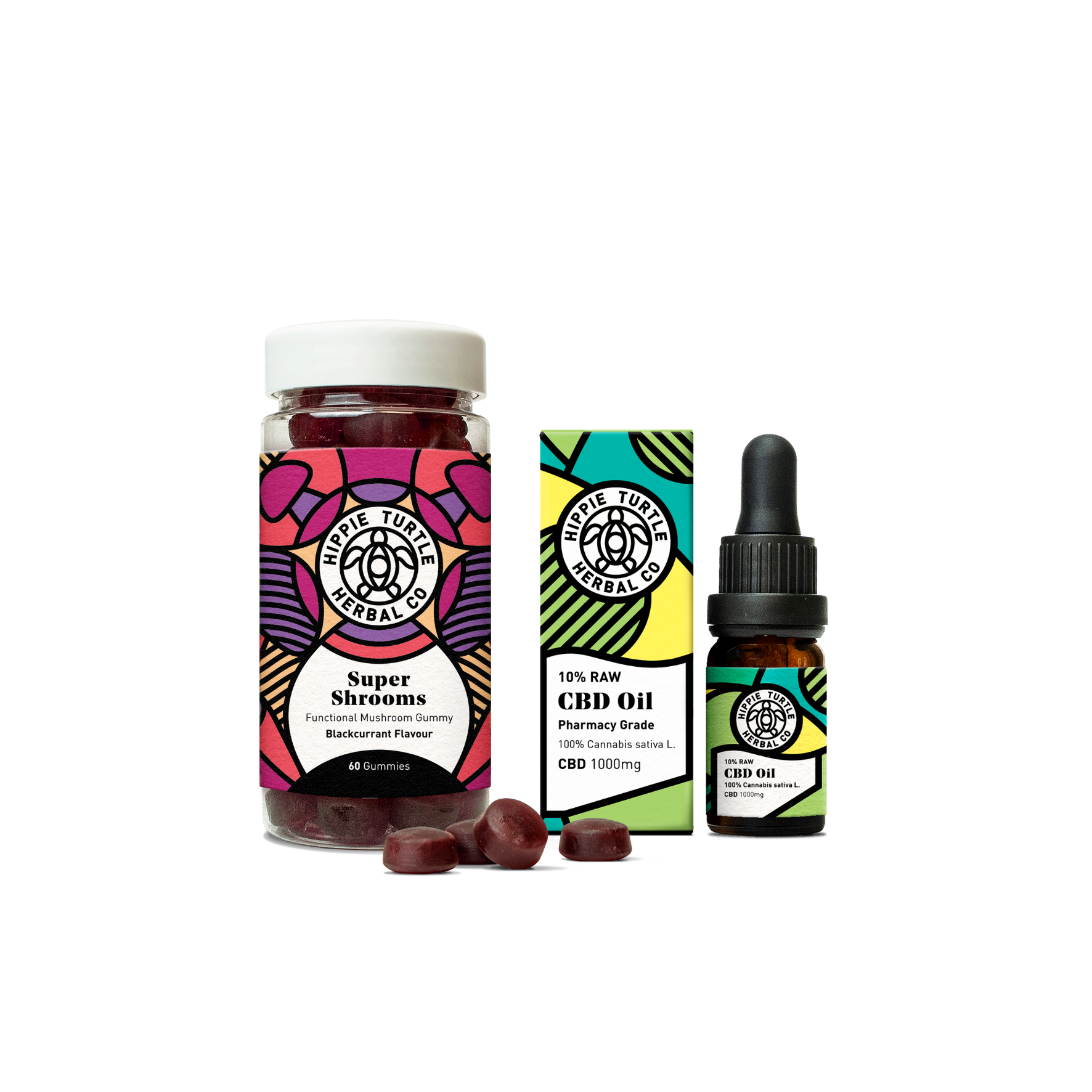 Harmony combo containing a bundle ofsuper shrooms functional mushroom gummies with ginseng & b5, and premium pharmacy grade RAW 10% cbd oil 
