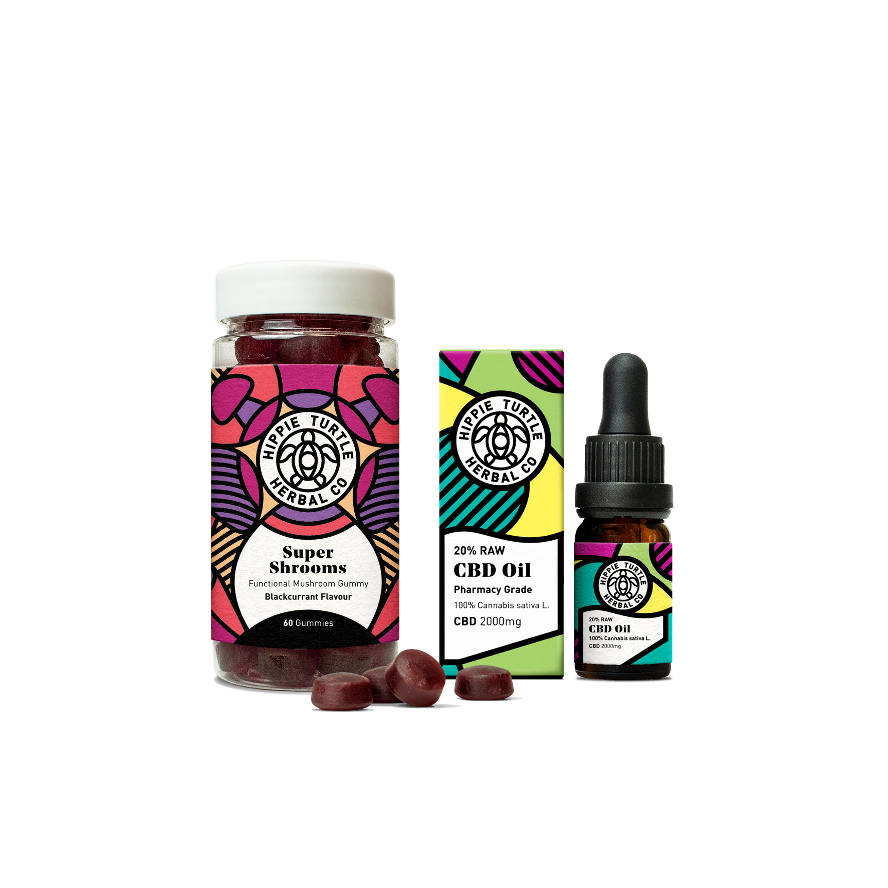 Harmony combo containing a bundle ofsuper shrooms functional mushroom gummies with ginseng & b5, and premium pharmacy grade RAW 20% cbd oil 