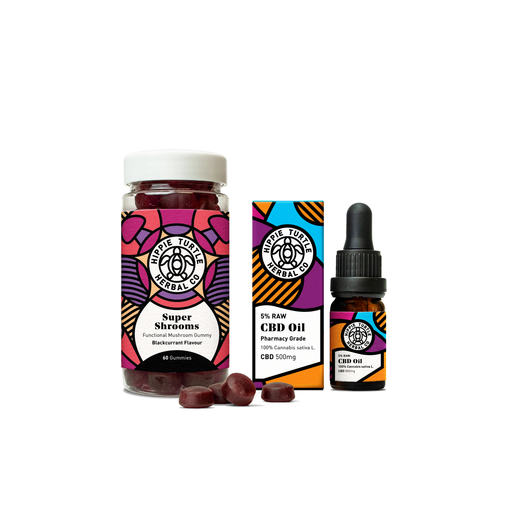 Harmony combo containing a bundle ofsuper shrooms functional mushroom gummies with ginseng & b5, and premium pharmacy grade RAW 5% cbd oil 