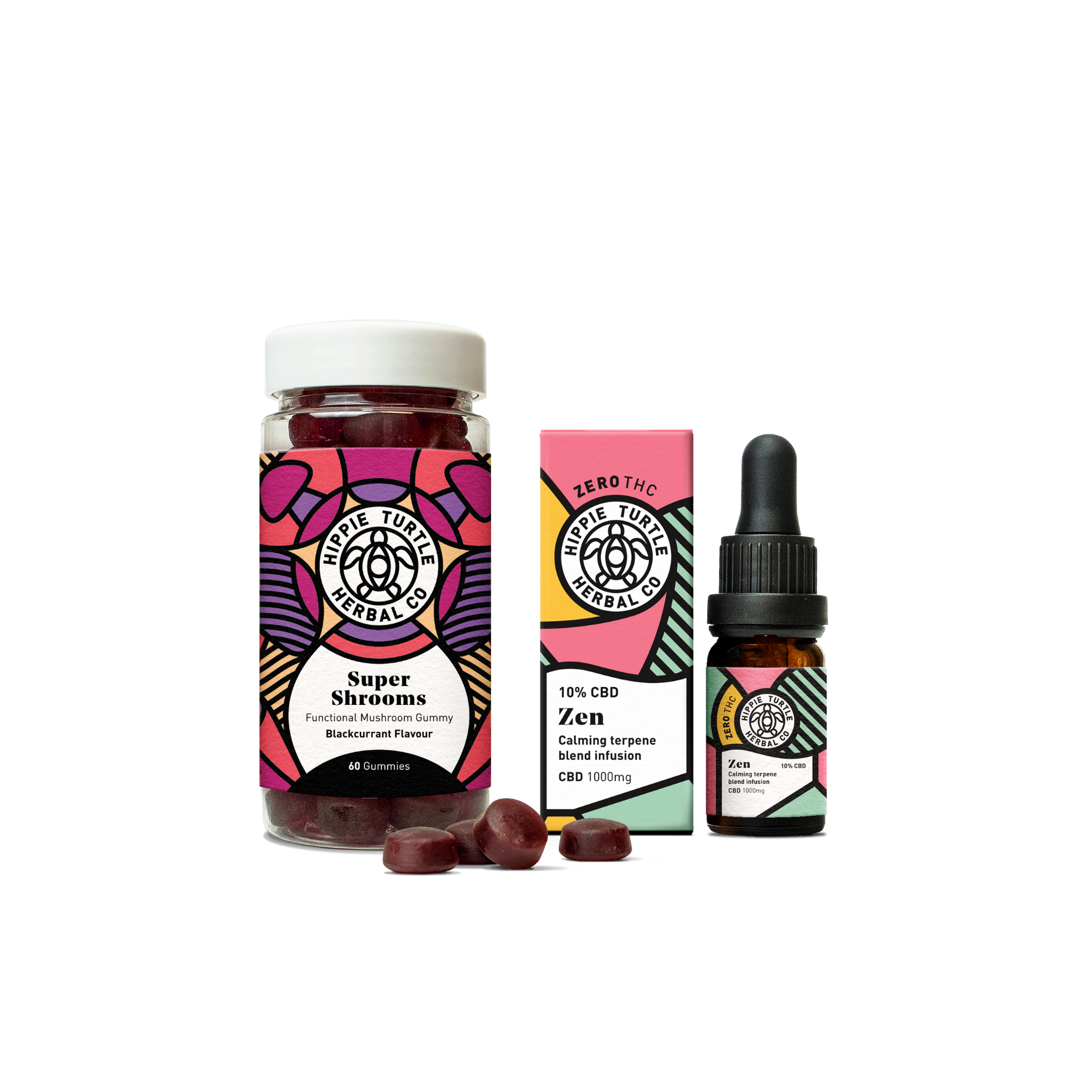 Harmony combo containing a bundle ofsuper shrooms functional mushroom gummies with ginseng & b5, and premium pharmacy grade ZEN 10% cbd oil 