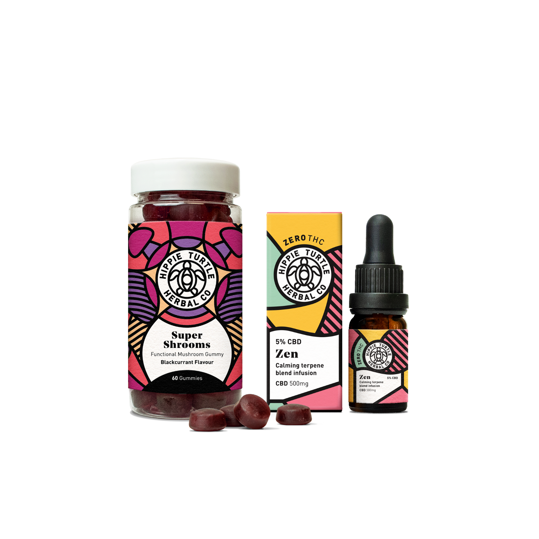 Harmony combo containing a bundle ofsuper shrooms functional mushroom gummies with ginseng & b5, and premium pharmacy grade ZEN 5% cbd oil 