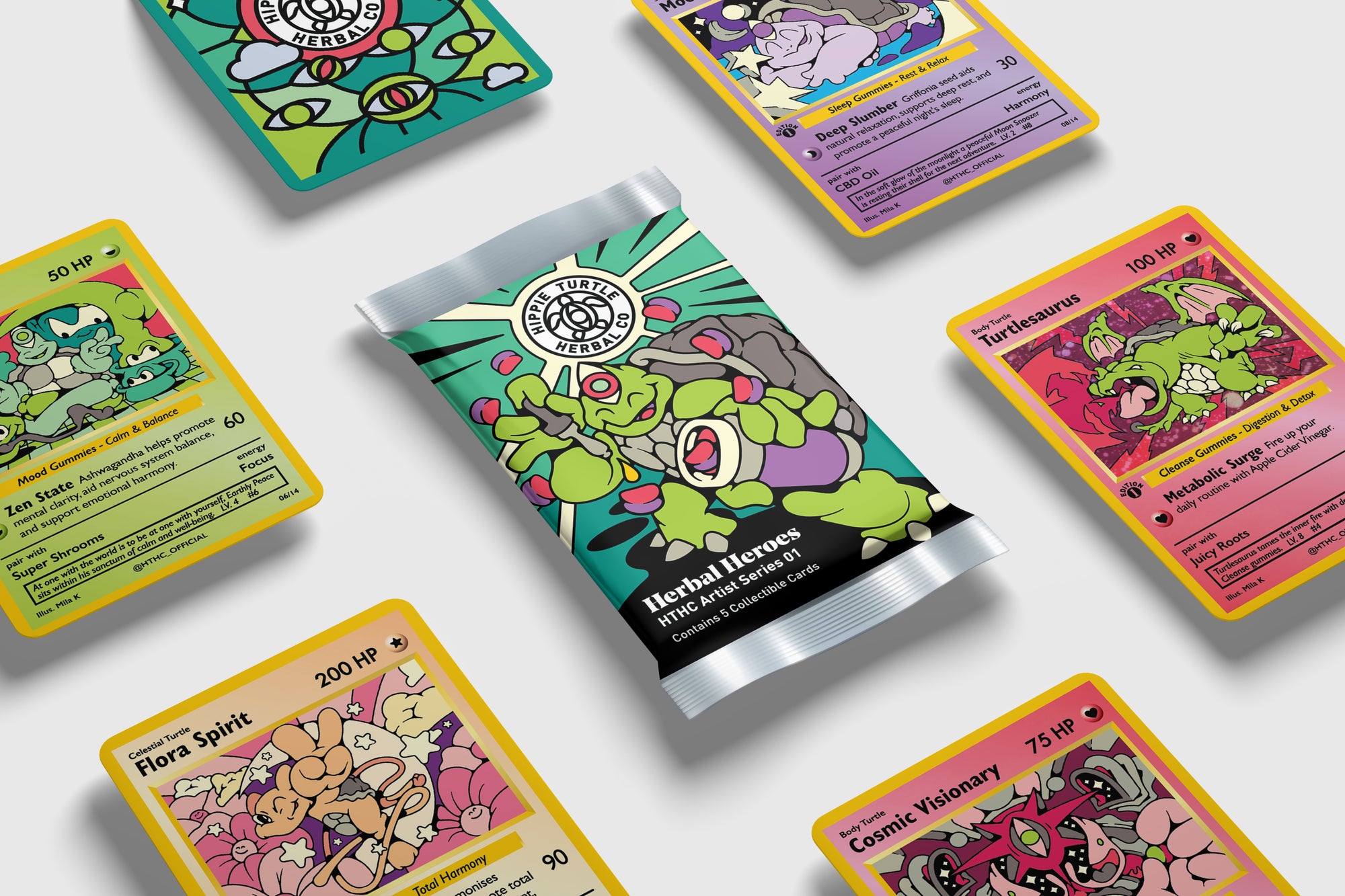 Herbal Heroes TCG Booster Pack with several Herbal Heroes collectable cards. Included in the HTHC Artist Series 01: Collectors Toolkit ,which also contains ashwagandha gummies and shilajit gummies.