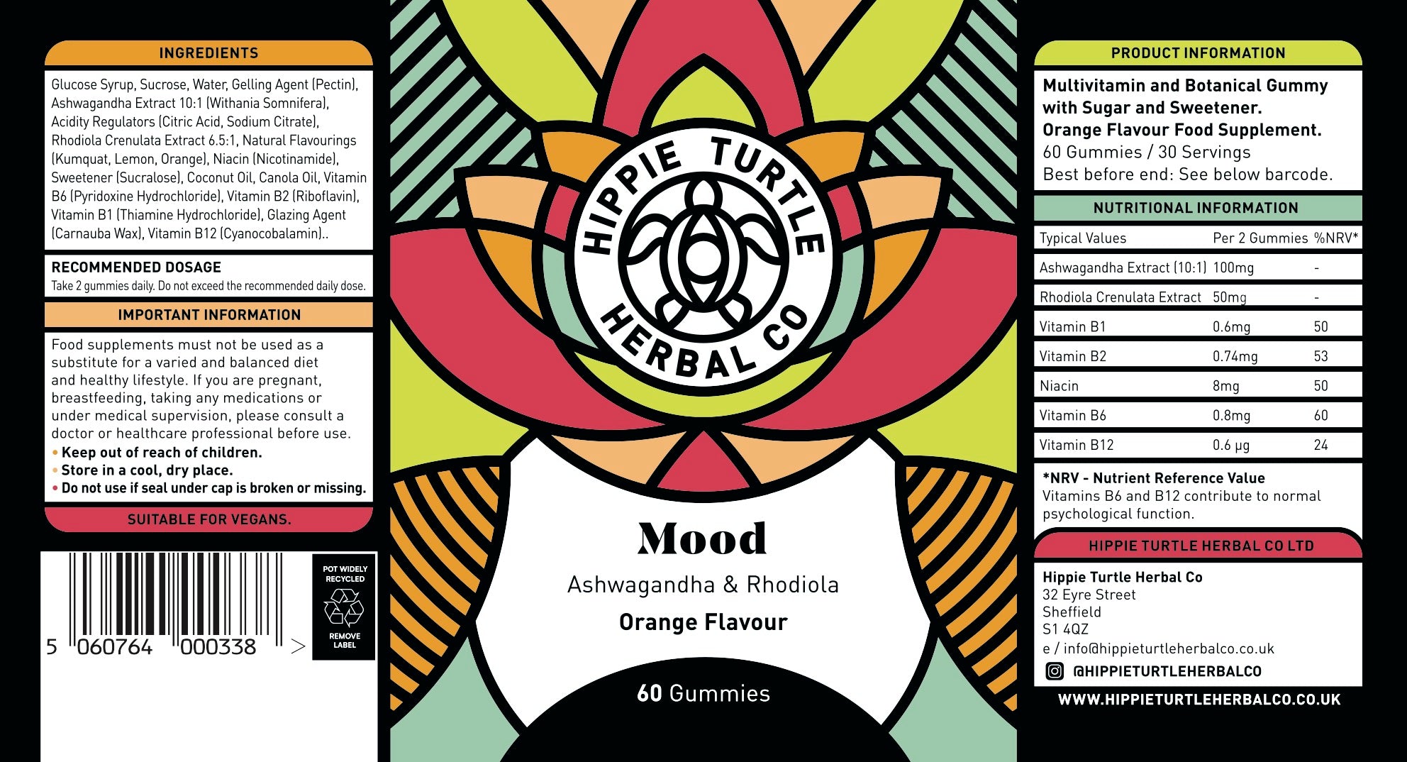 Hippie Turtle Herbal Co Mood gummies full label. Displaying ingredients and benefits. Gummies contain Ashwagandha, Rhodiola and B Vitamins to help manage stress, anxiety & mood.