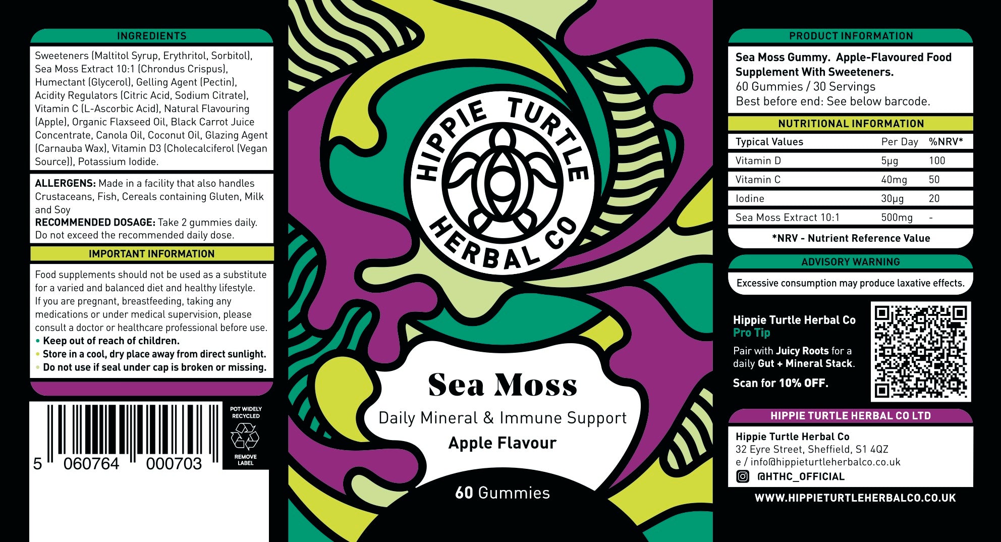Full label for Hippie Turtle Herbal Co Sea Moss gummies tub containing 5000mg Sea Moss, Vitamin D3, Vitamin C  iodine. Gummies for daily mineral & immune support.