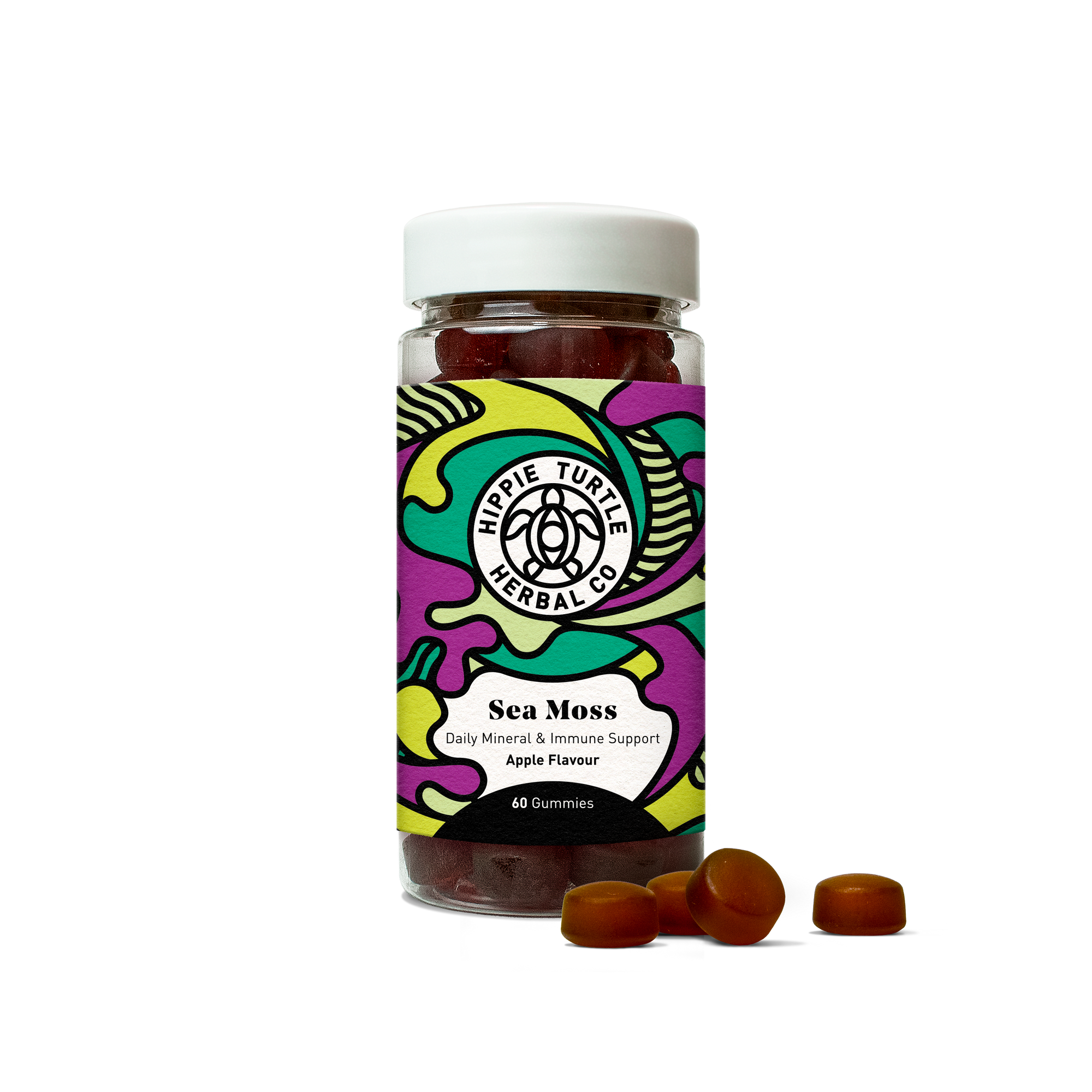 Hippie Turtle Herbal Co Sea Moss gummies tub containing 5000mg Sea Moss, Vitamin D3, Vitamin C  iodine. Gummies for daily mineral & immune support.