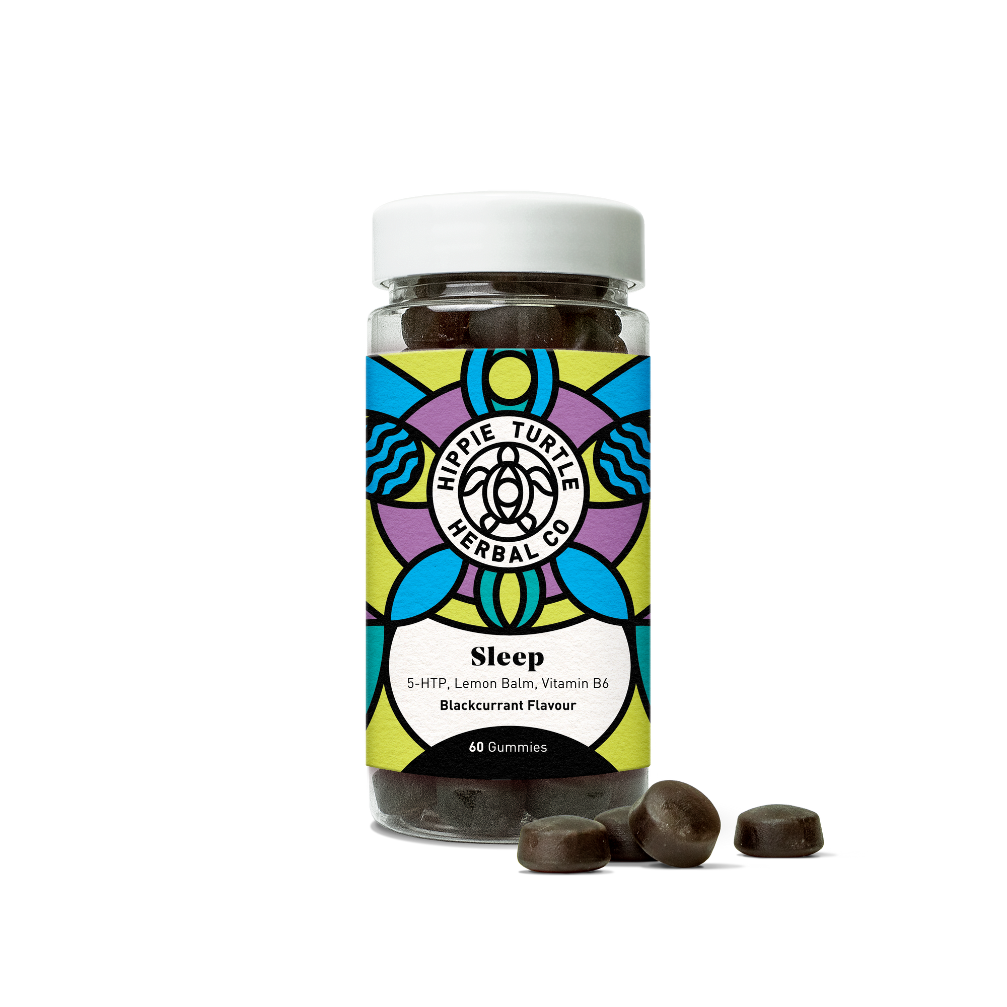 Hippie Turtle Herbal Co Sleep Gummies containing Griffonia Seed Extract with 30% 5-HTP, lemon balm and vitamin B6 for sleep and relaxation.