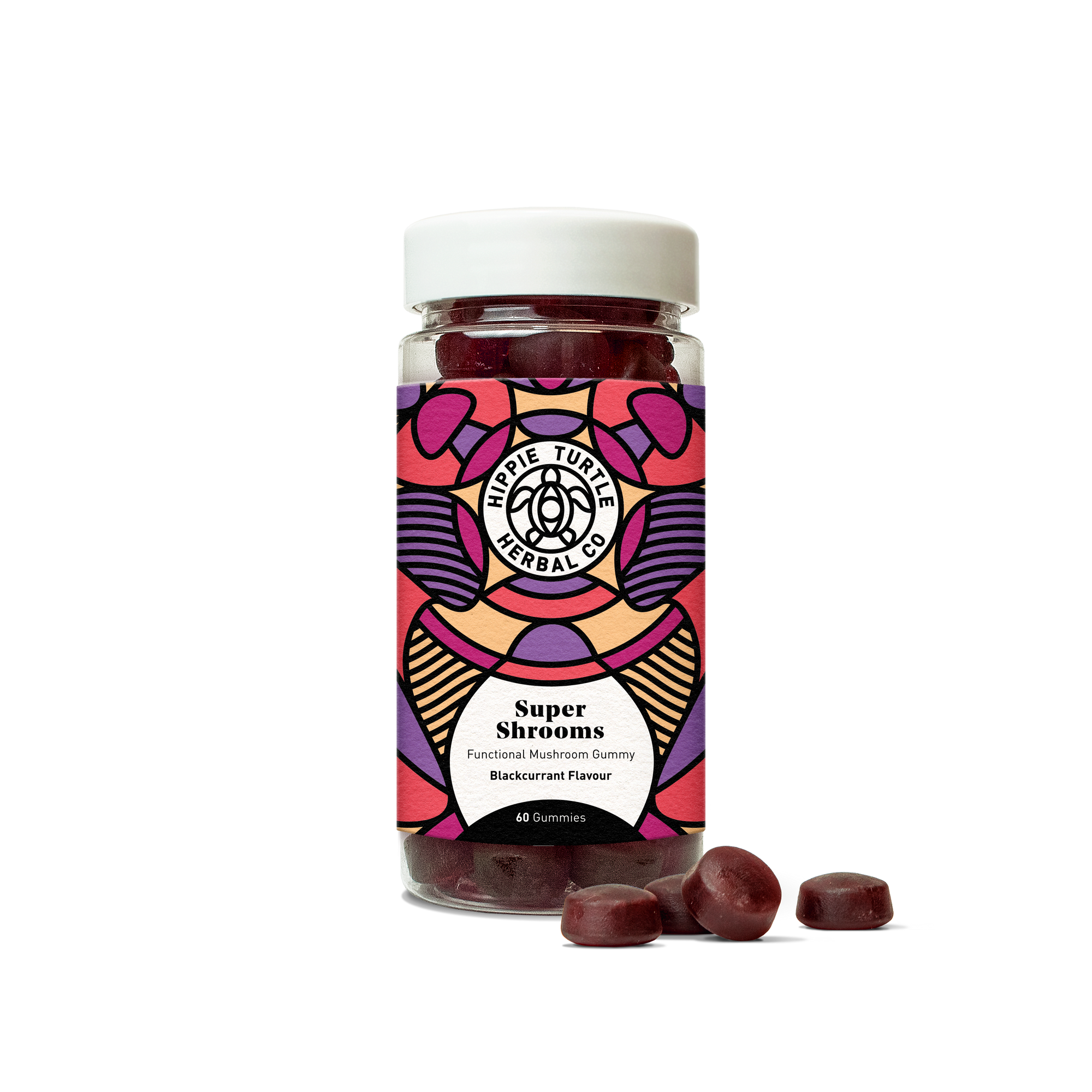 A tub of Hippie Turtle Herbal Co Super Shrooms gummies, chewable functional high strength mushroom gummies with Chaga, Cordyceps, Lion's Mane, Maitake, Reishi, Tremella, Vitamin B12 & Zinc for energy, mood, focus & vitality.