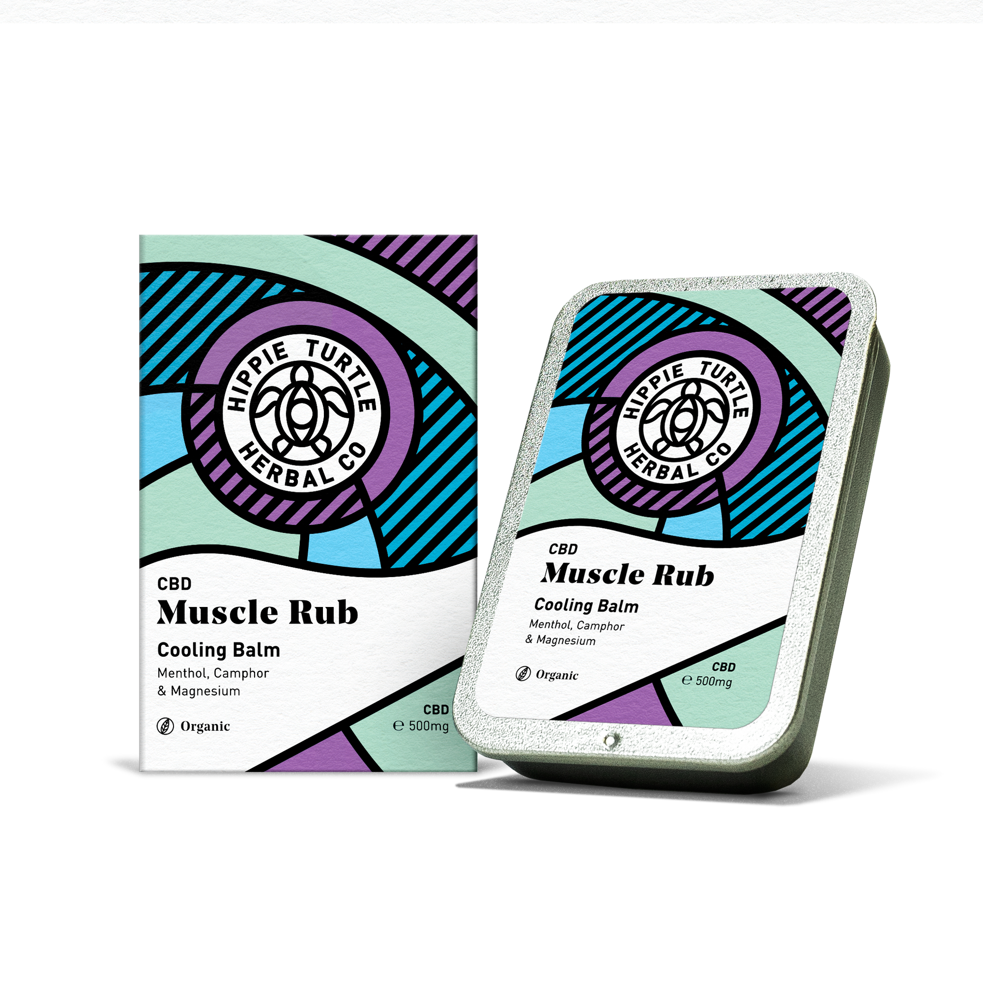 CBD Muscle Rub balm packaging with Hippie Turtle Herbal Co. branding on a white background. The balm contains camphor, menthol, magnesium and arnica for pain relief and muscle recovery.