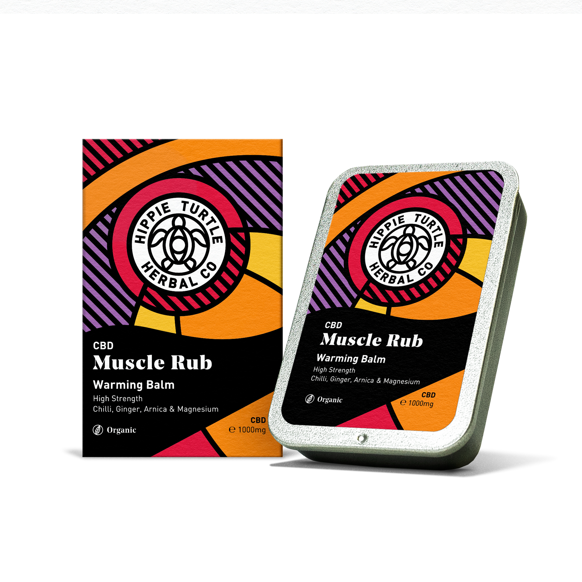Hippie Turtle Herbal Co. high strength CBD Muscle Rub Warming Balm packaging on a white background. This high strength CBD balm contains Chilli, ginger, arnica and magnesium for pain relief and muscle recovery.