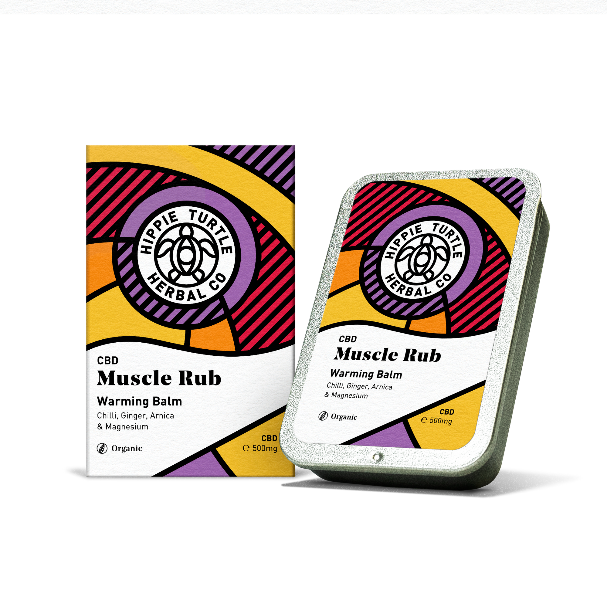 Hippie Turtle Herbal Co. CBD Muscle Rub Warming Balm packaging on a white background. This CBD balm contains Chilli, ginger, arnica and magnesium for pain relief and muscle recovery.