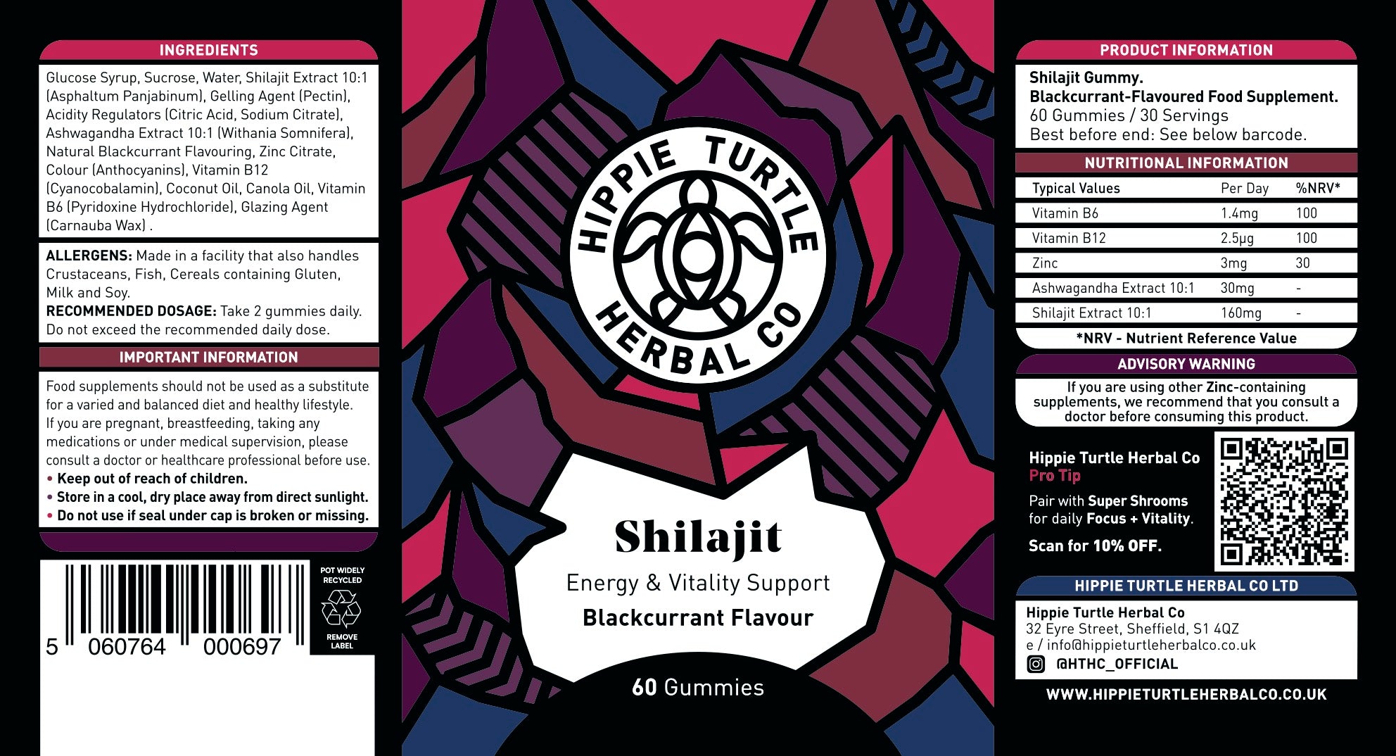 HTHC Shilajit gummies label showing ingredients including Shilajit, Ashwagandha, Zinc and B Vitamins.