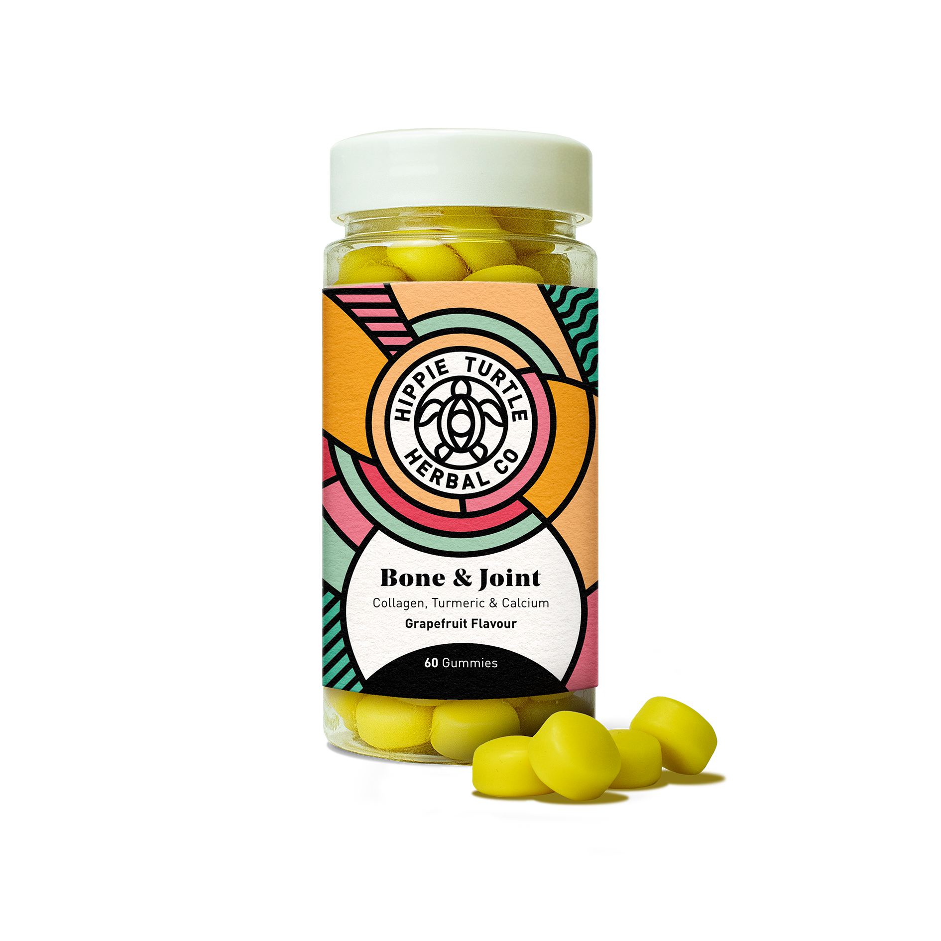 Hippie Turtle Herbal Co Bone & Joint supplement gummies with marine collagen, turmeric, calcium, vitamin d and vitamin e in chewable gummy