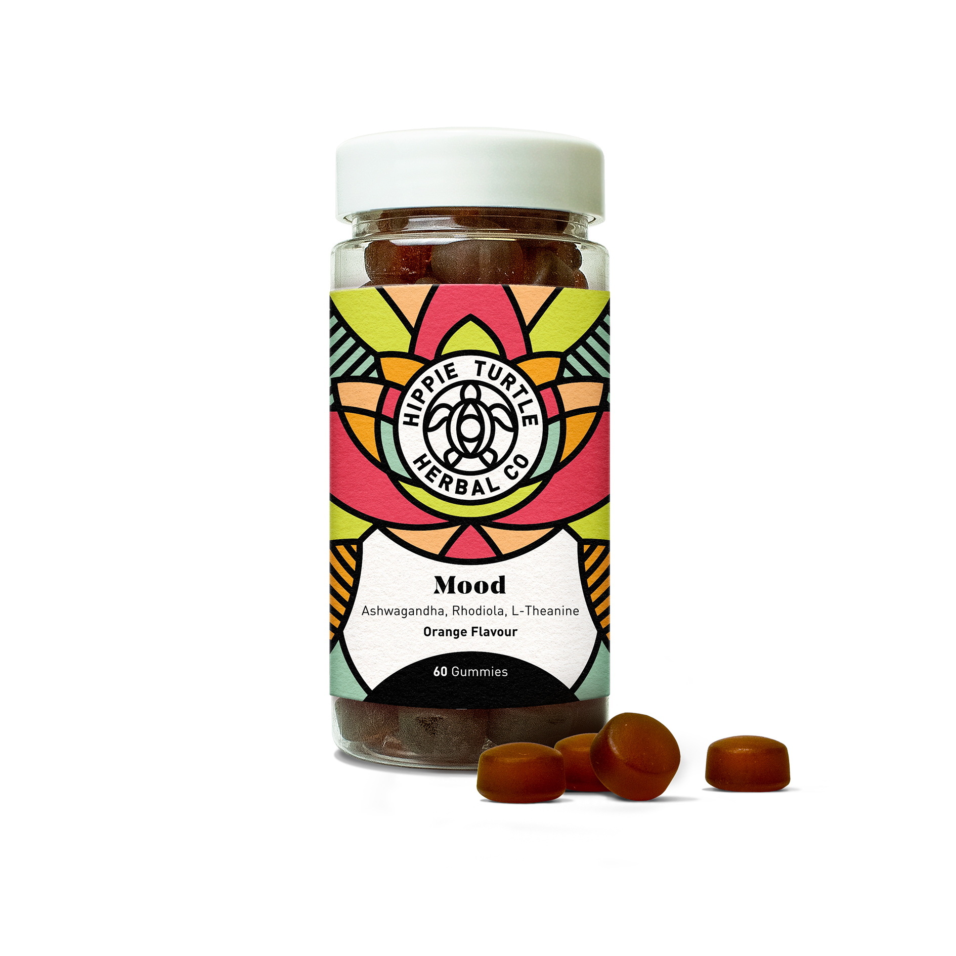 Chewable gummy supplement for stress, anxiety and mood. Containing chewable ashwagandha, l theanine, rhodiola and b vitamins