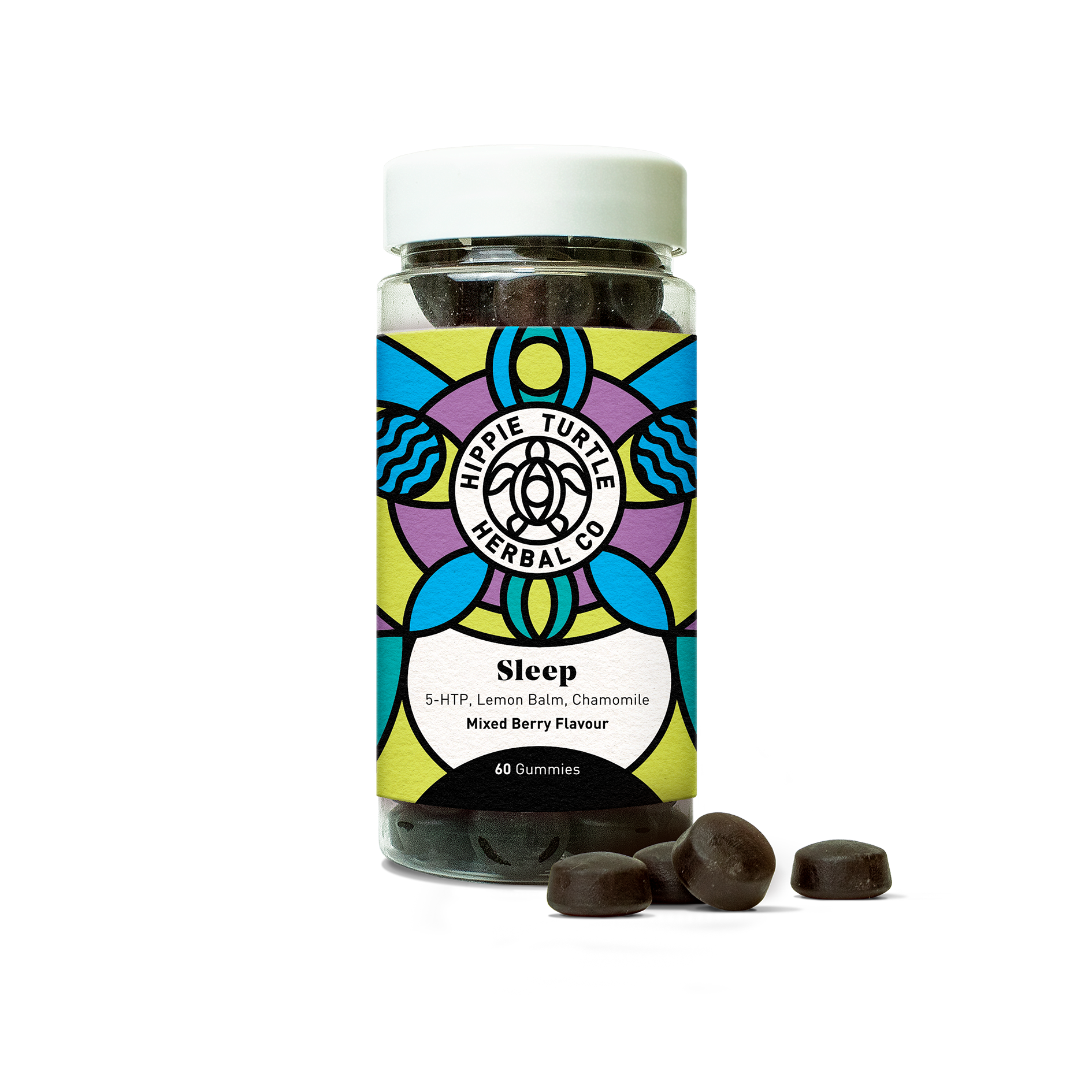 Sleep support supplement in the form of nootropic gummies. Contains sleep promoting ingredients such as 5-HTP, zinc, chamomile and lemon balm.