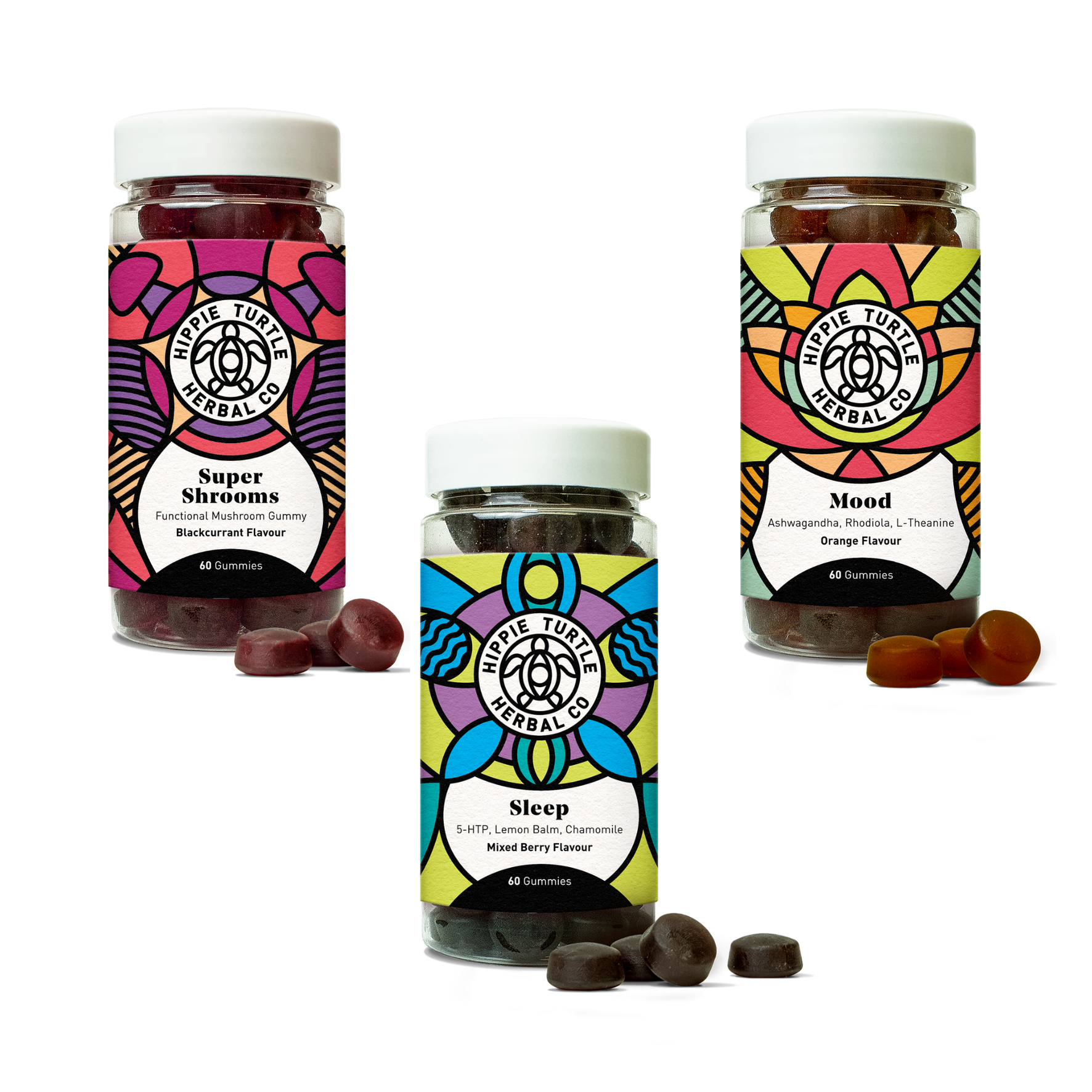 Mindful harmony supplement bundle containing chewable mood gummies, sleep gummies and functional mushroom gummies
