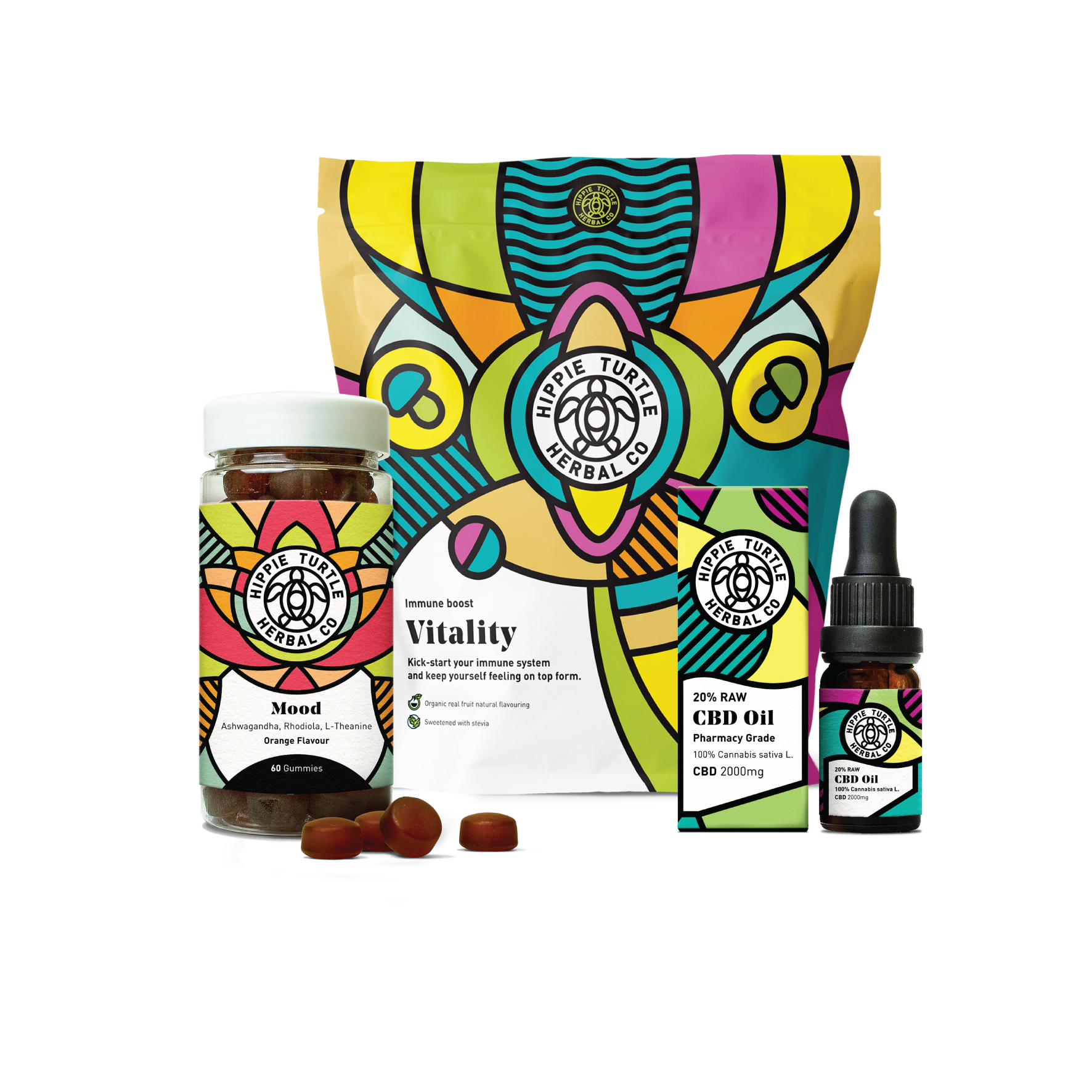 Package including vitality immune and mood support natural supplement powders, mood boosting nootropic gummies and CBD oils for mood and anxiety relief